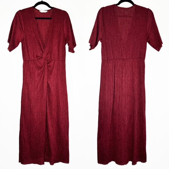 All in Favor Dolman Plisse Textured Short Sleeve Burgundy Midi Dress Medium - Picture 2 of 15